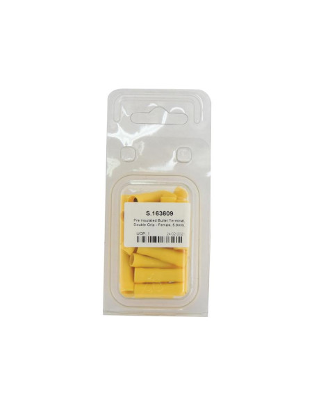 Terminal de bala preaislado, Doble Agarre - Hembra, 5.0mm, Amarillo (4.0 - 6.0mm) (Blister 25 pzas.)