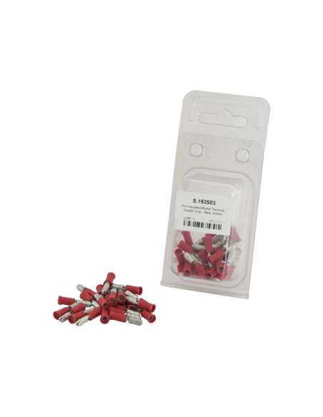 Terminal de bala preaislado, Doble Agarre - Macho, 4.0mm, Rojo (0.5 - 1.5mm) (Blister 25 pzas.)