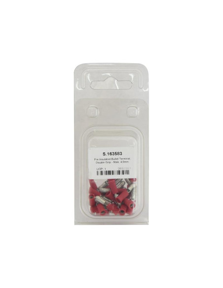 Terminal de bala preaislado, Doble Agarre - Macho, 4.0mm, Rojo (0.5 - 1.5mm) (Blister 25 pzas.)