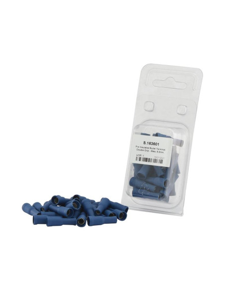 Terminal de bala preaislado, Doble Agarre - Macho, 5.0mm, Azul (1.5 - 2.5mm) (Blister 25 pzas.)