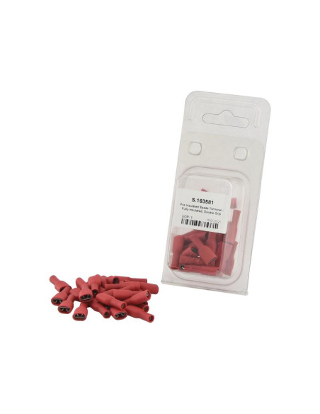 Terminal de horquilla preaislado - Totalmente aislado, Doble Agarre - Hembra, 6.3mm, Rojo (0.5 - 1.5mm), (Blister 25 pzas.)
