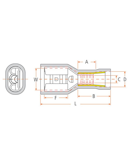 Terminal de horquilla preaislado - Totalmente aislado, Doble Agarre - Hembra, 6.3mm, Rojo (0.5 - 1.5mm), (Bolsa