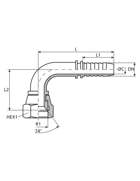 Dicsa JIC 37° Conexión Manguito 1/2'' x 3/4'' Rosca Hembra Acoplamiento Hidráulico Curvo 90º