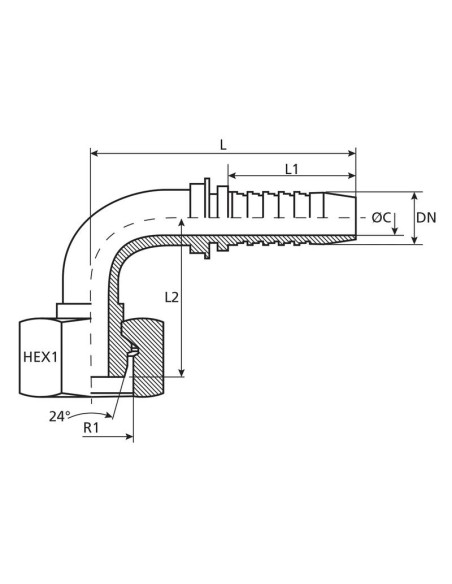Dicsa métrica (French Gas) 24° Conexión Manguito 1/2'' x M24 x 1.5 Rosca Hembra Acoplamiento Hidráulico Curvo 90º