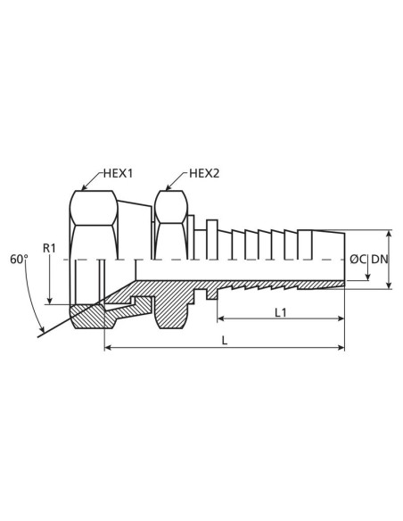 Dicsa métrica (Komatsu) 60° Conexión Manguito 1/2'' x M22 x 1.5 Rosca Hembra Straight Swivel