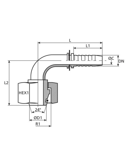 Dicsa métrica 24° Conexión Manguito 1'' x M42 x 2 (30S) Rosca Hembra 90° Swept Swivel With O-Ring