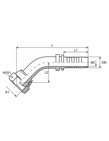 Dicsa métrica 24°/60° Conexión Manguito 1/2'' x M22 x 1.5 (15L) Acoplamiento Hidráulico Curvo 135º