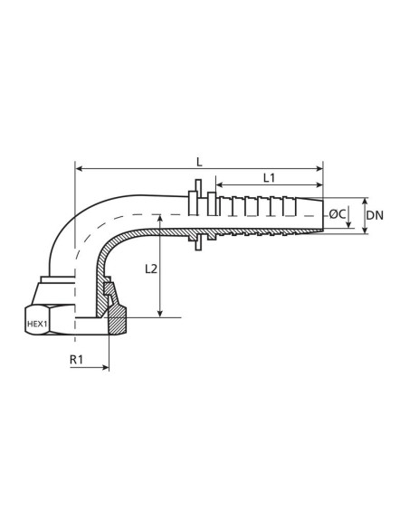 Dicsa métrica 24°/60° Conexión Manguito 1/4'' x M14 x 1.5 (8L) Rosca Hembra Acoplamiento Hidráulico Curvo 90º