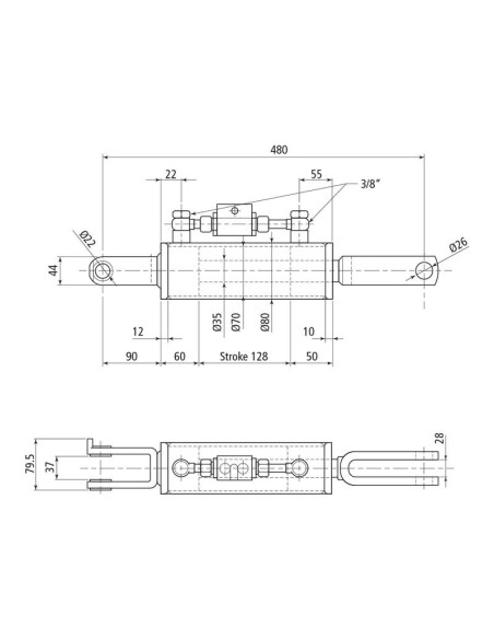 Caja Niveladora Hidráulica (Se suministra con: latiguillos), Mín. Longitud: 480mm, Orificio del cilindro: 70mm.