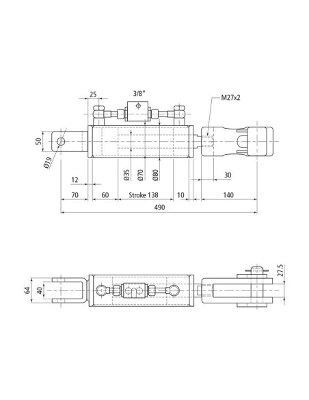 Caja Niveladora Hidráulica (Se suministra con: latiguillos), Mín. Longitud: 490mm, Orificio del cilindro: 70mm.