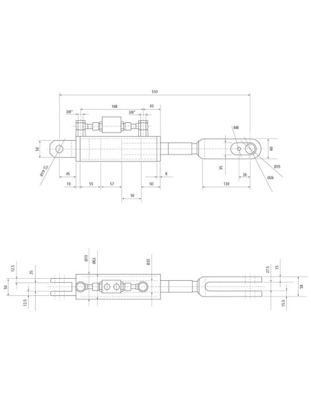 Caja Niveladora Hidráulica (Se suministra con: latiguillos), Mín. Longitud: 510mm, Orificio del cilindro: 63mm.