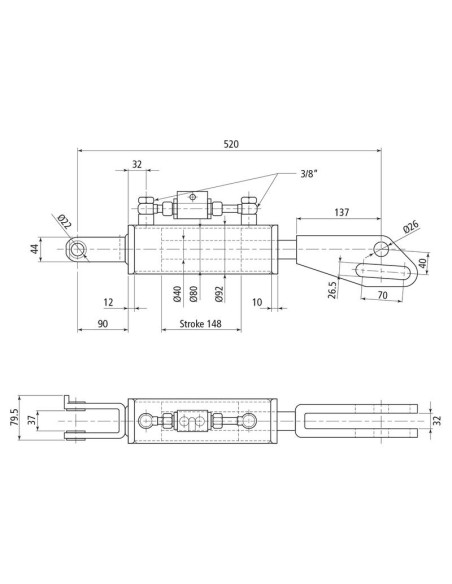 Caja Niveladora Hidráulica (Se suministra con: latiguillos), Mín. Longitud: 520mm, Orificio del cilindro: 80mm.