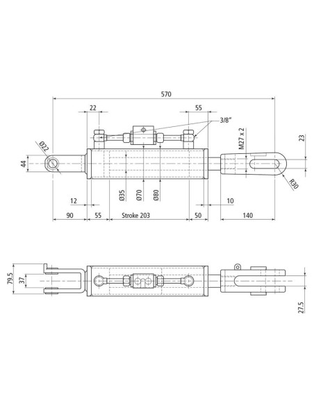 Caja Niveladora Hidráulica (Se suministra con: latiguillos), Mín. Longitud: 570mm, Orificio del cilindro: 70mm.