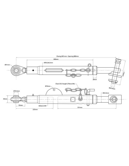 Barra Estabilizadora - Tamaño de la bola 19mm - Ø pasador25.4mm - Mín. Longitud: 604mm - M30x3.5