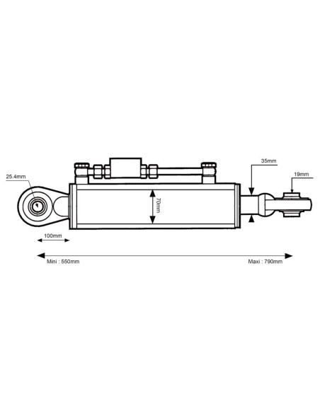 Tercer Punto Hidráulico (Cat.1/2) Rótula y Rótula, Orificio del cilindro: 70mm, Mín. Longitud : 550mm.