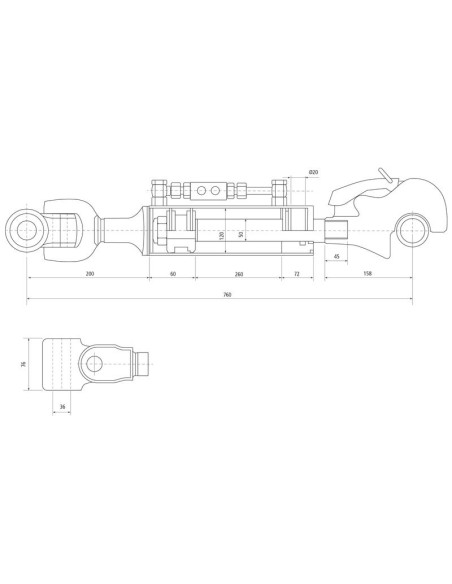 Tercer Punto Hidráulico (Cat.36mm/4) Nudo y CBM Enganche rápido, Orificio del cilindro: 120mm, Mín. Longitud : 760mm.