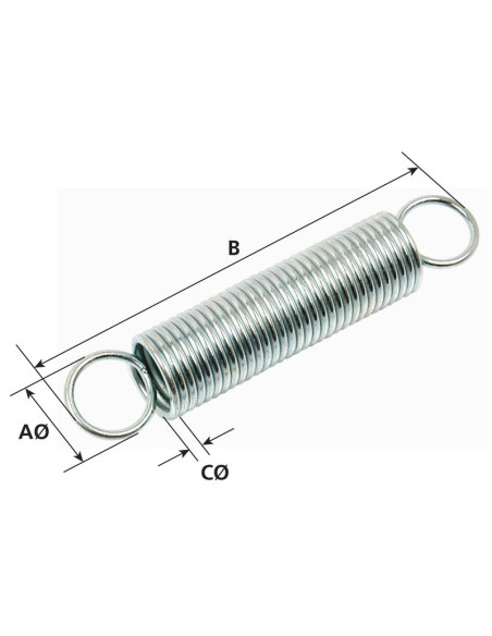 Muelles de Tensión, Ø resorte5mm, Ø cable0.5mm, Longitud: 145mm.