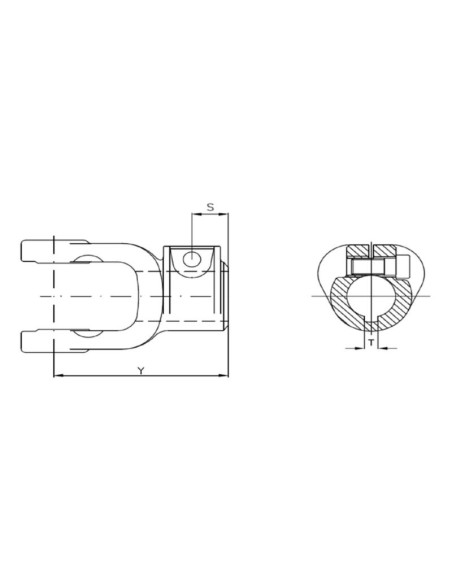 Horquilla Tipo Tornillo - Toma de Fuerza (Tamaño U/J: 27 x 74.5mm) Ø orificio35mm, Tamaño de la llave: 10mm.