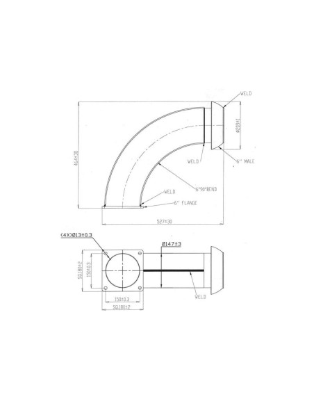 Acoplamiento 90° con brida cuadrada - Macho 6'' (159mm) x (150mm) (galvanizado)