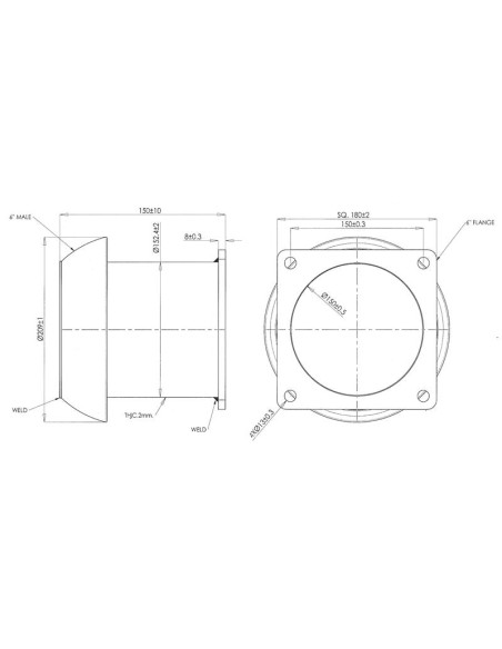 Acoplamiento con brida cuadrada - Macho 6'' (159mm) x (150mm) (galvanizado)