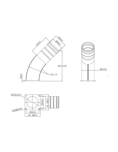 Tubo 45° con brida cuadrada y Acoplamiento 6''...