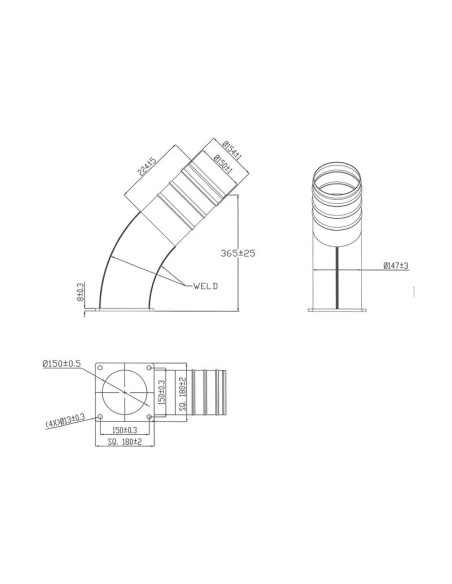 Tubo 45° con brida cuadrada y Acoplamiento 6'' (150mm) x (150mm) (galvanizado)