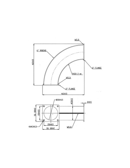 Tubo 90º con brida cuadrada 6'' (150mm) (galvanizado)