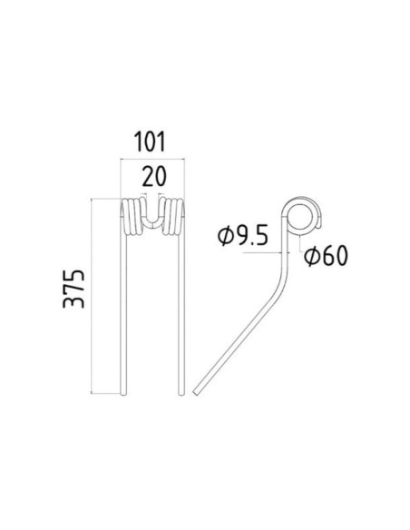 Muelle - Henificador - - - Longitud:375mm, Anchura:101mm, Ø9.5mm - Recambio para Claas, Bautz Corresponde a: 9023442