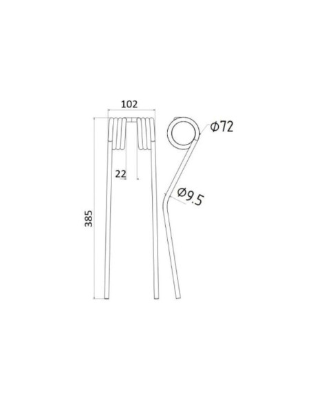Muelle - Henificador - Dcha/Izda - Longitud:385mm, Anchura:102mm, Ø9.5mm - Recambio para Fella Corresponde a: 487922