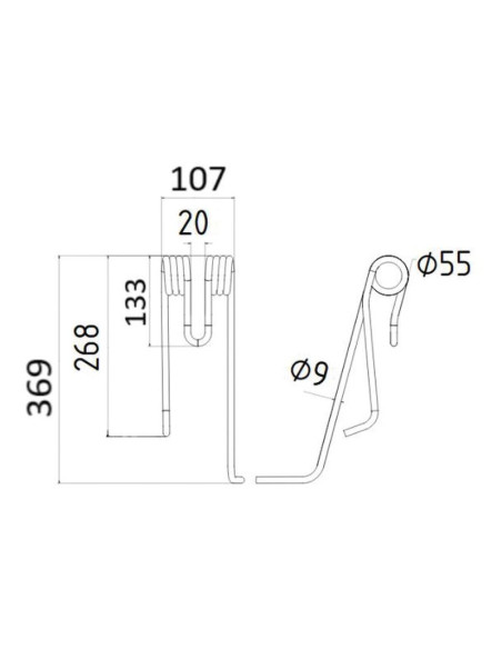 Muelle - Henificador - Dcho. - Longitud:369mm, Anchura:107mm, Ø9mm - Recambio para Lely Corresponde a: 4104311750