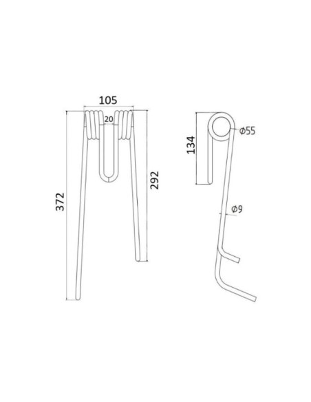 Muelle - Henificador - Dcho. - Longitud:372mm, Anchura:105mm, Ø9mm - Recambio para Lely Corresponde a: 4101500680