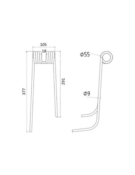 Muelle - Henificador - Dcho. - Longitud:377mm, Anchura:105mm, Ø9mm - Recambio para Lely Corresponde a: 41003208L