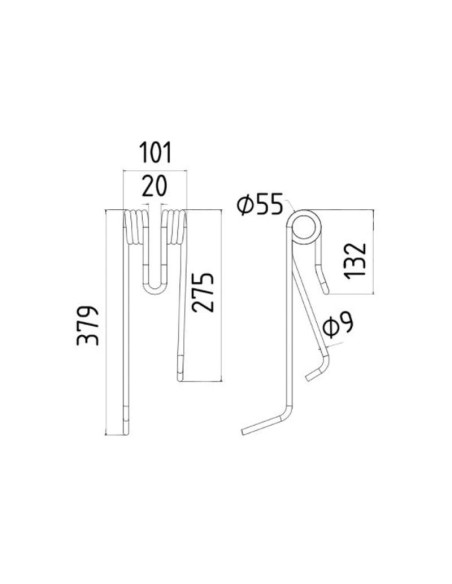 Muelle - Henificador - Dcho. - Longitud:379mm, Anchura:101mm, Ø9mm - Recambio para Lely Corresponde a: 4101701260