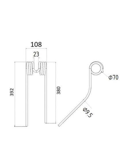 Muelle - Henificador - Dcho. - Longitud:392mm, Anchura:108mm, Ø9.5mm - Recambio para Stoll Corresponde a: 0673743