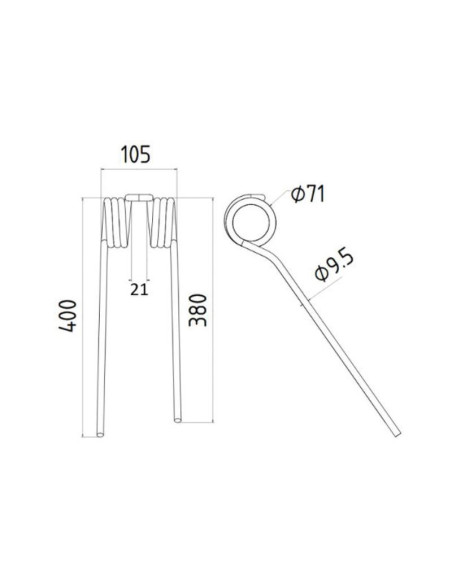 Muelle - Henificador - Dcho. - Longitud:400mm, Anchura:105mm, Ø9.5mm - Recambio para Pottinger Corresponde a: 436149