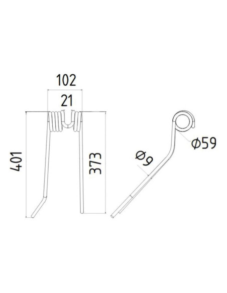Muelle - Henificador - Dcho. - Longitud:401mm, Anchura:102mm, Ø9mm - Recambio para Deutz-Fahr Corresponde a: 06580648
