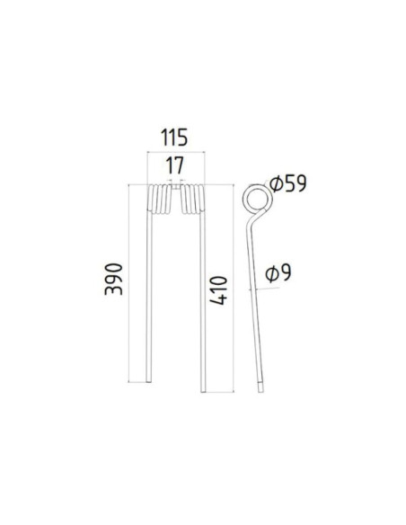 Muelle - Henificador - Dcho. - Longitud:410mm, Anchura:115mm, Ø9mm - Recambio para PZ, Vicon Corresponde a: PZ340