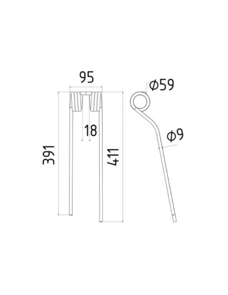 Muelle - Henificador - Dcho. - Longitud:411mm, Anchura:95mm, Ø9mm - Recambio para Claas, Bautz Corresponde a: 9024822