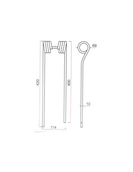 Muelle - Henificador - Dcho. - Longitud:420mm, Anchura:114mm, Ø10mm - Recambio para Kverneland, Taarup Corresponde a: 67274100