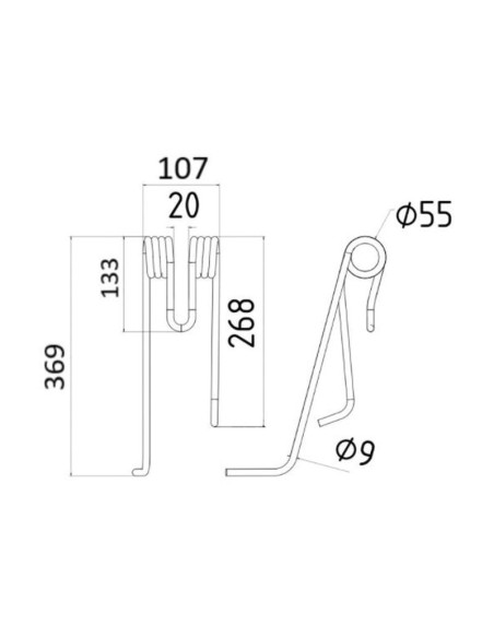 Muelle - Henificador - Izdo. - Longitud:369mm, Anchura:107mm, Ø9mm - Recambio para Lely Corresponde a: 4104311680