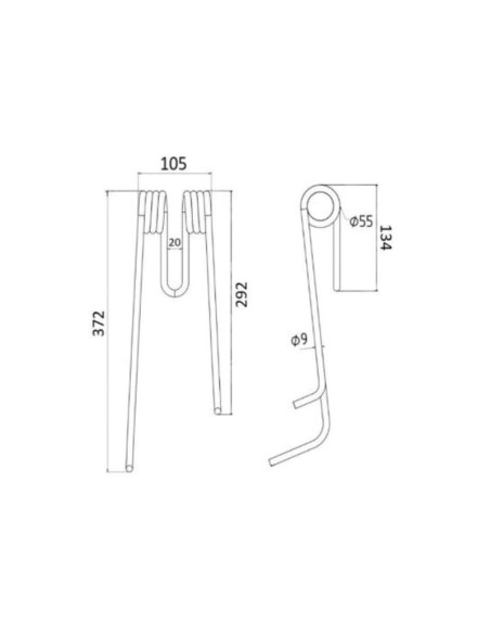 Muelle - Henificador - Izdo. - Longitud:372mm, Anchura:105mm, Ø9mm - Recambio para Lely Corresponde a: 401500580L