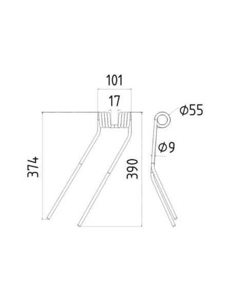 Muelle - Henificador - Izdo. - Longitud:374mm, Anchura:101mm, Ø9mm - Recambio para Deutz-Fahr Corresponde a: 06229776