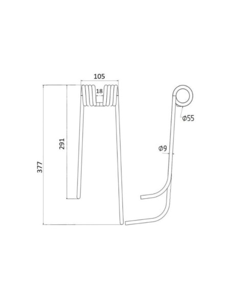 Muelle - Henificador - Izdo. - Longitud:377mm, Anchura:105mm, Ø9mm - Recambio para Lely Corresponde a: 41003208R