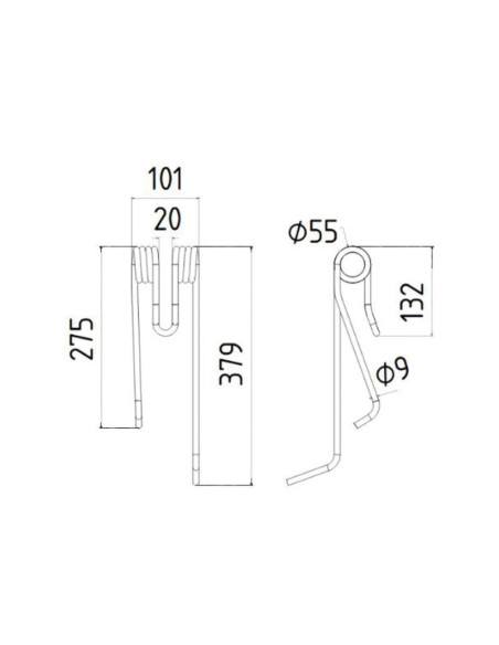 Muelle - Henificador - Izdo. - Longitud:379mm, Anchura:101mm, Ø9mm - Recambio para Lely Corresponde a: 4101701380