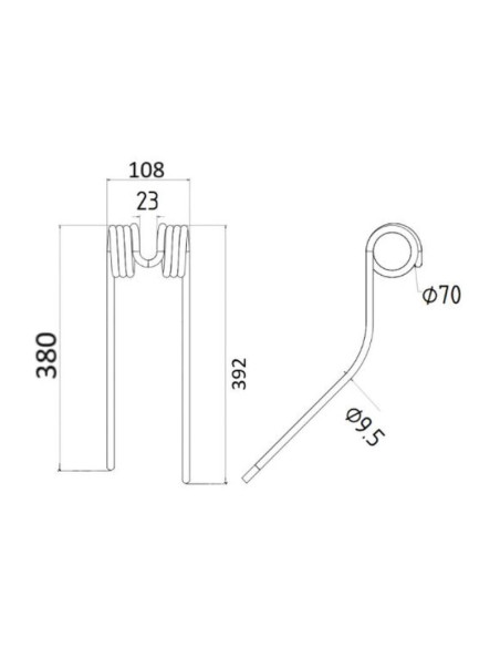Muelle - Henificador - Izdo. - Longitud:392mm, Anchura:108mm, Ø9.5mm - Recambio para Stoll Corresponde a: 0673744