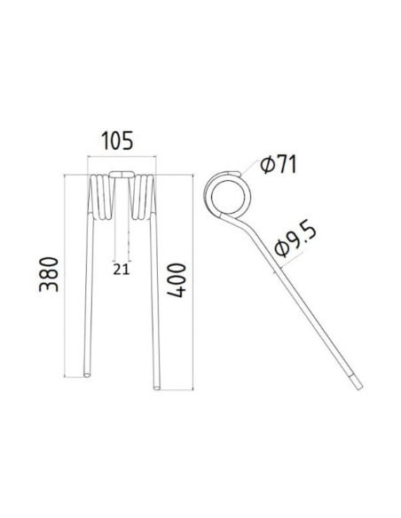 Muelle - Henificador - Izdo. - Longitud:400mm, Anchura:105mm, Ø9.5mm - Recambio para Pottinger Corresponde a: 436150