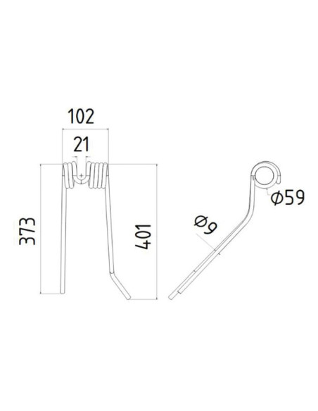 Muelle - Henificador - Izdo. - Longitud:401mm, Anchura:102mm, Ø9mm - Recambio para Deutz-Fahr Corresponde a: 06580647
