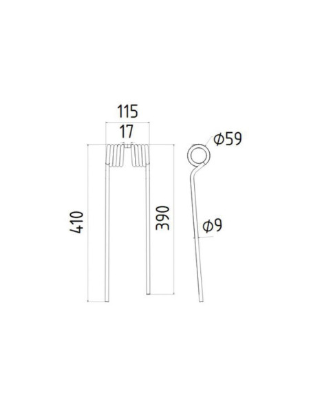 Muelle - Henificador - Izdo. - Longitud:410mm, Anchura:115mm, Ø9mm - Recambio para PZ, Vicon Corresponde a: PZ339