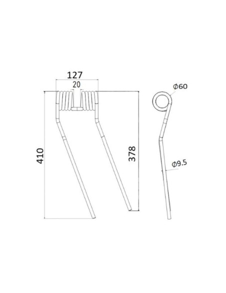 Muelle - Henificador - Izdo. - Longitud:410mm, Anchura:127mm, Ø9.5mm - Recambio para Galfre, Niemeyer Corresponde a: 600057