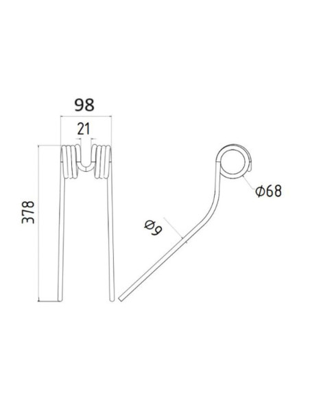 Muelle - Henificador Longitud:378mm, Anchura:98mm, Ø9.5mm - Recambio para Deutz-Fahr Corresponde a: 1662005786